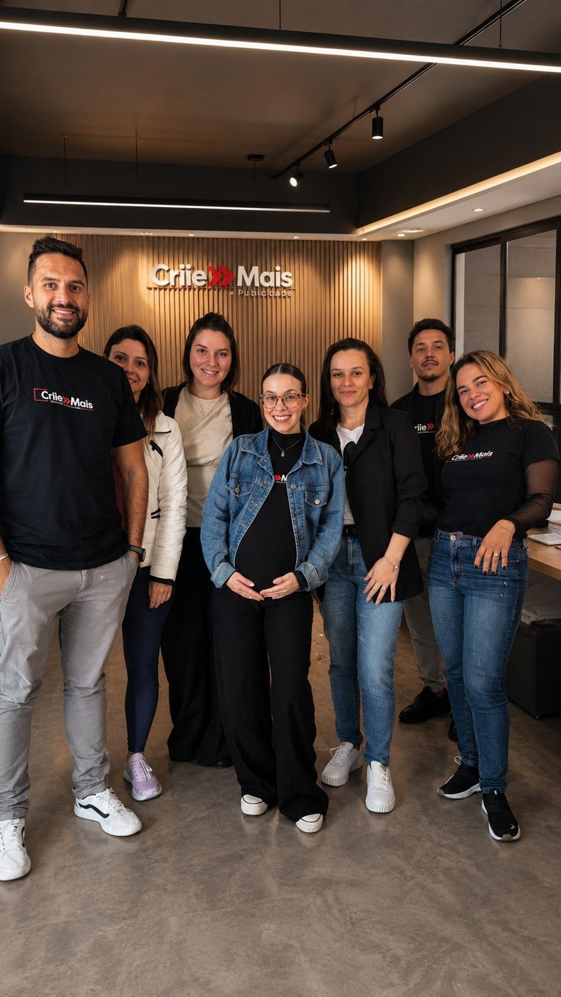 Equipe da Criie Mais Publicidade no escritório da agência em Campo Largo, Paraná